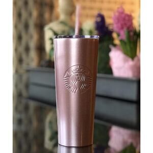 Starbucks Rose Gold Metallic 24oz Cold Cup EUC Collector Coffee Bar Chic Tumbler